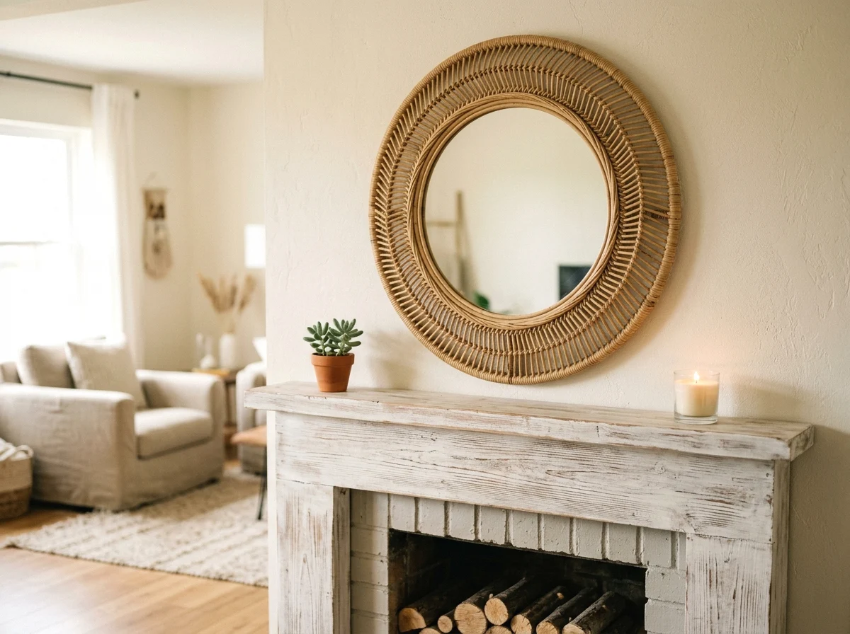 rattan mirror above a whitewashed mantel