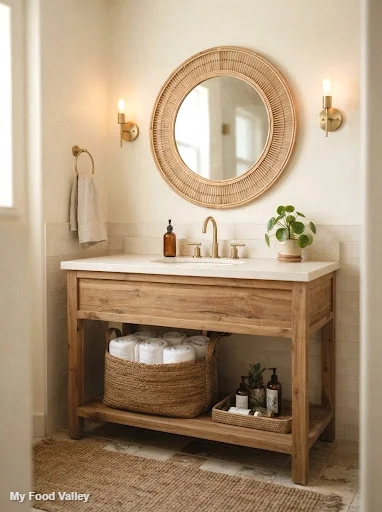 rattan mirror above the bathroom vanity