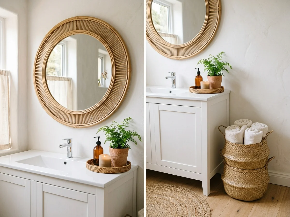 rattan mirror and wicker storage