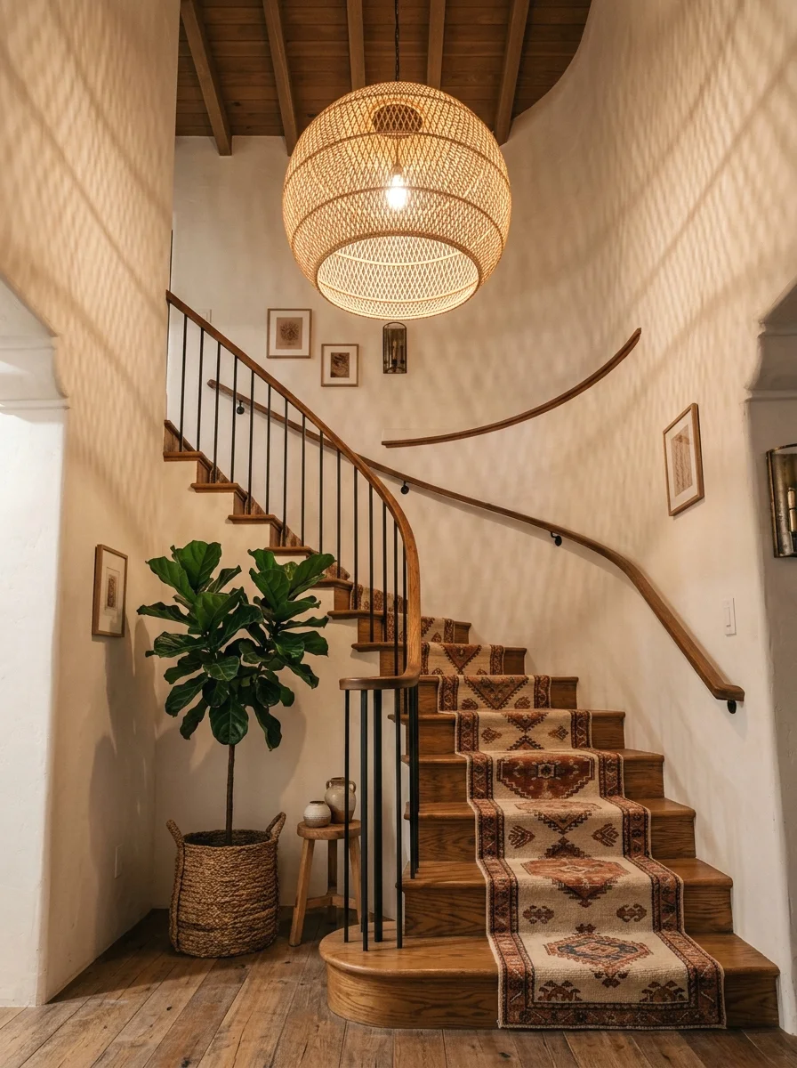rattan pendant light over the stairwell