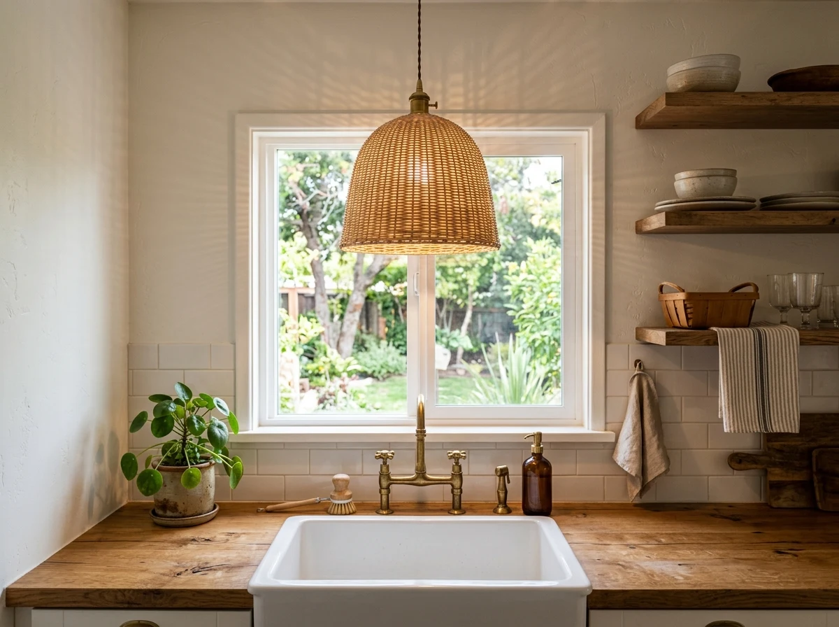 rattan pendant lighting over the sink