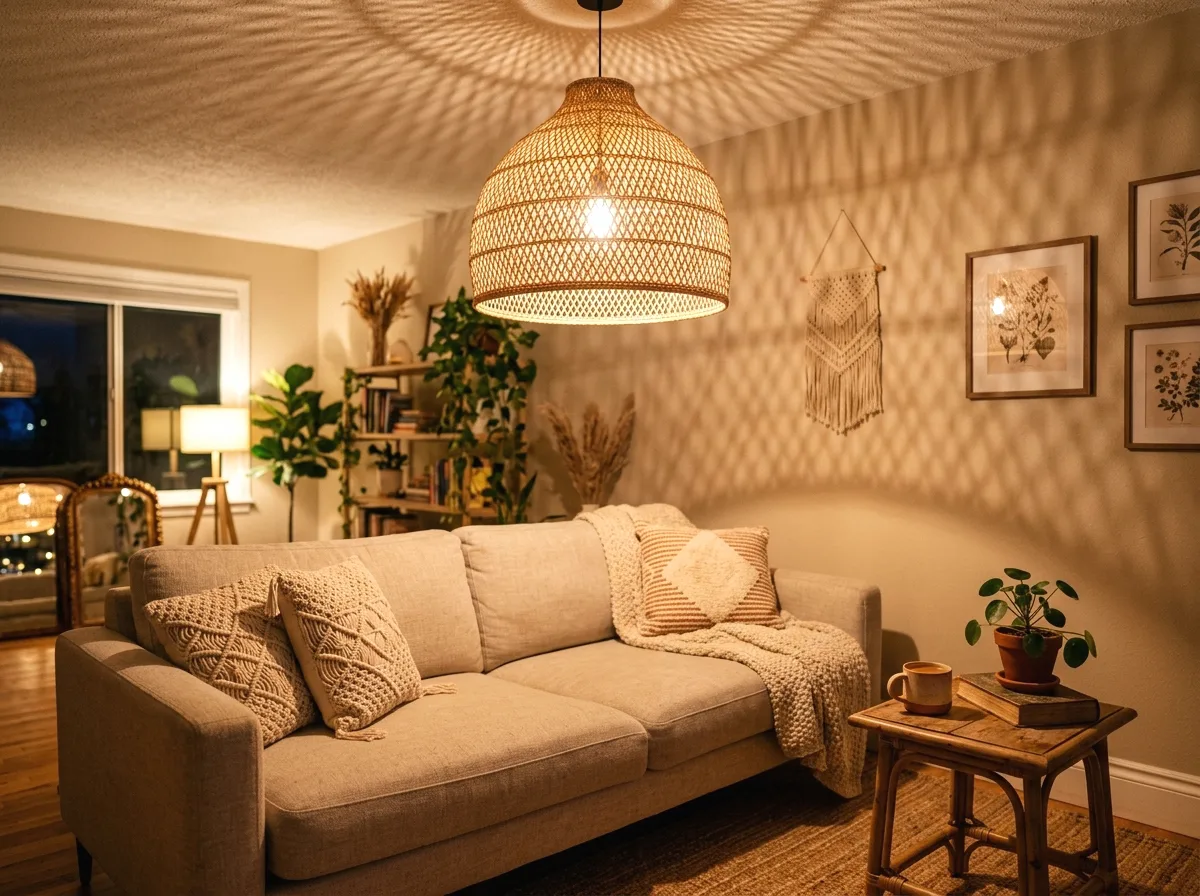 rattan pendant lighting paired with a boho couch