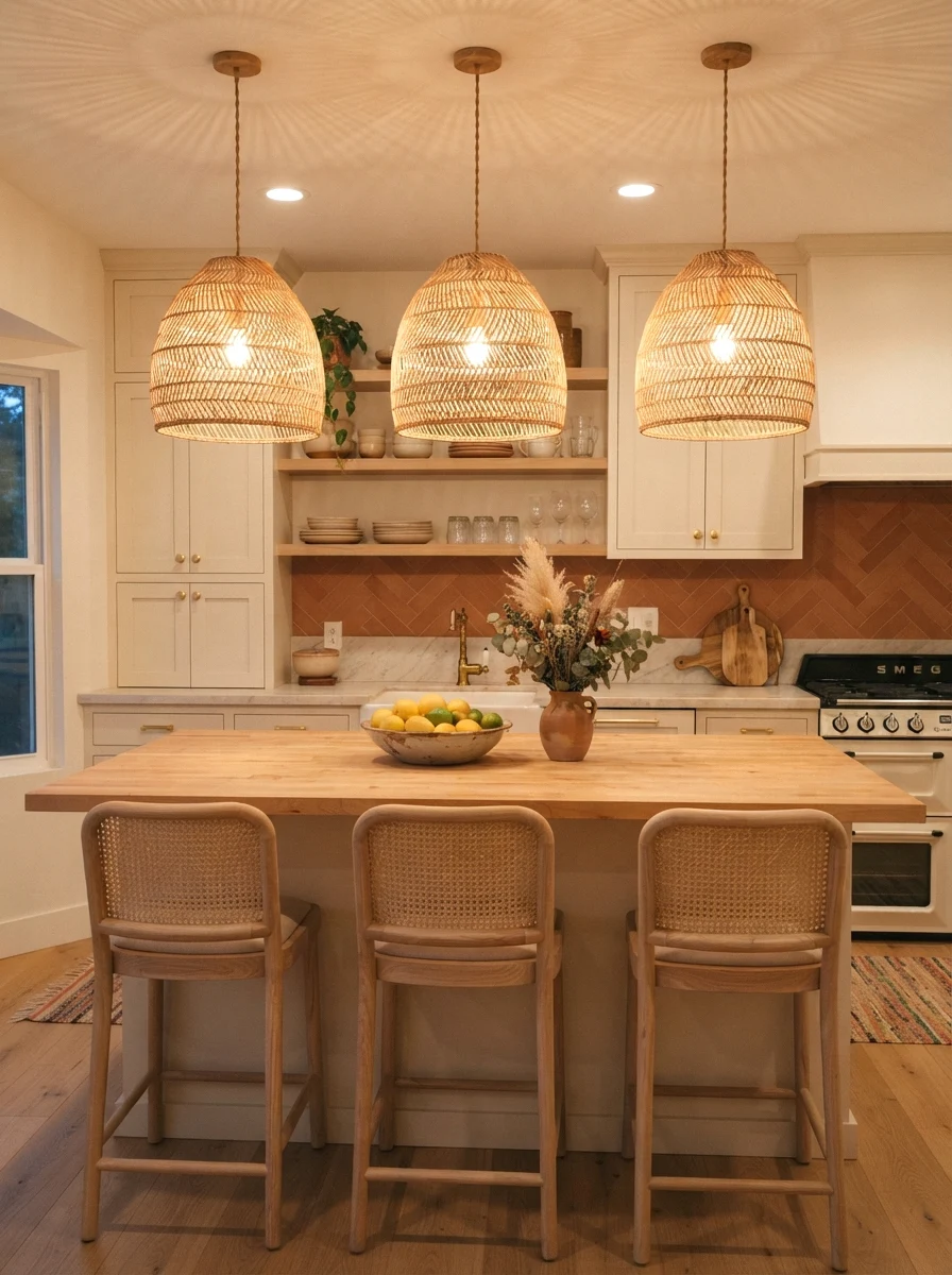 rattan pendant lights above the island