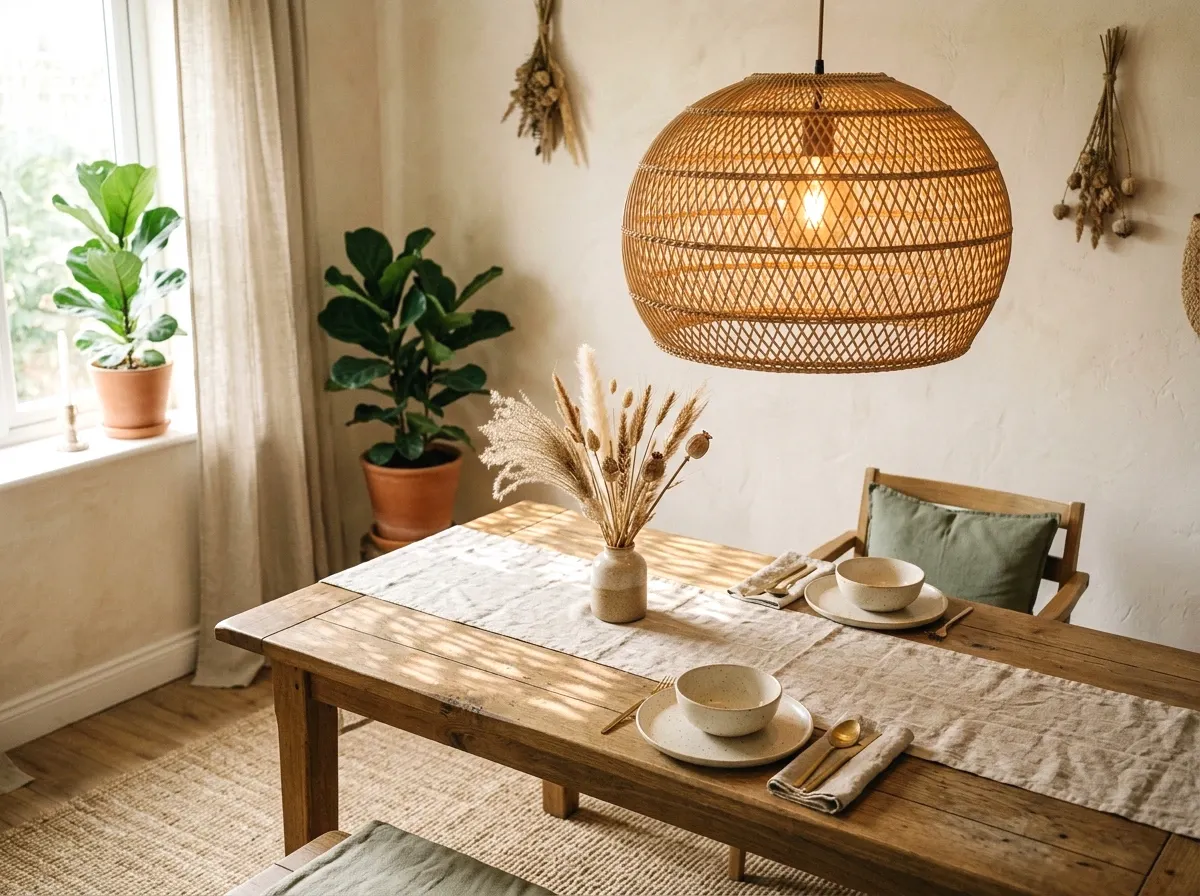 rattan pendant lights over a wooden table