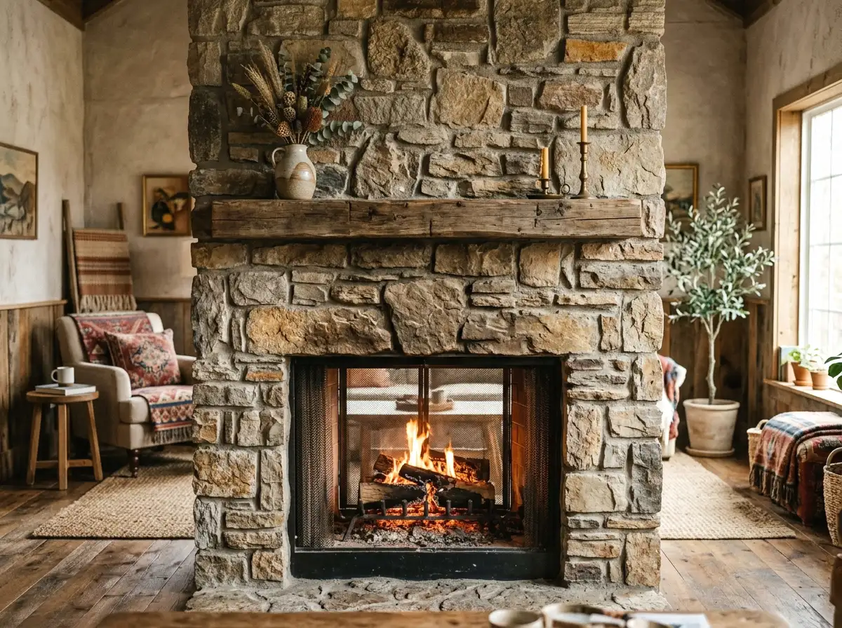 raw stone fireplace with natural texture