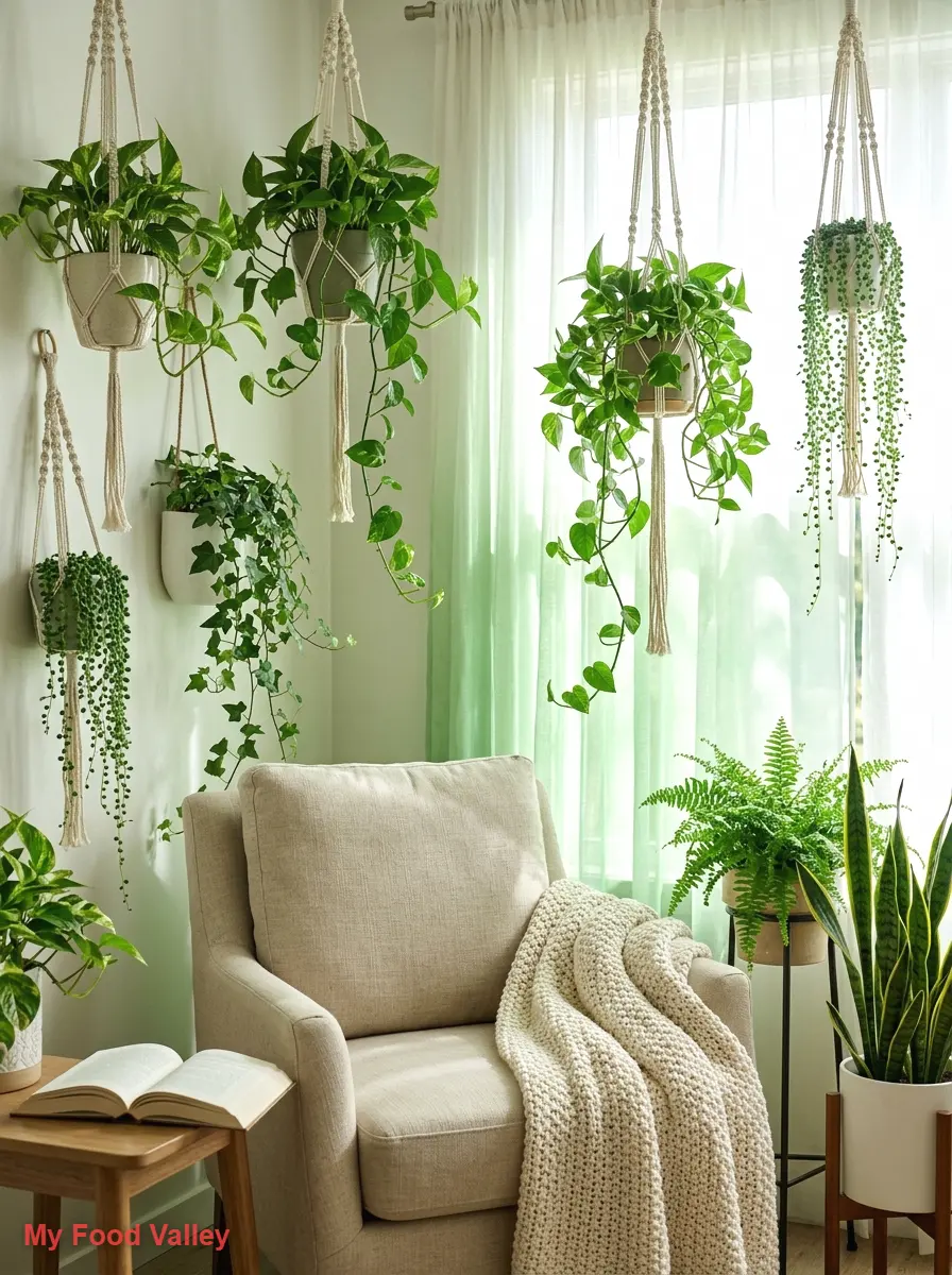 reading nook with hanging plants and greenery