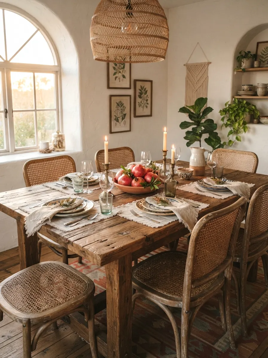 reclaimed wood dining table with bohemian tableware