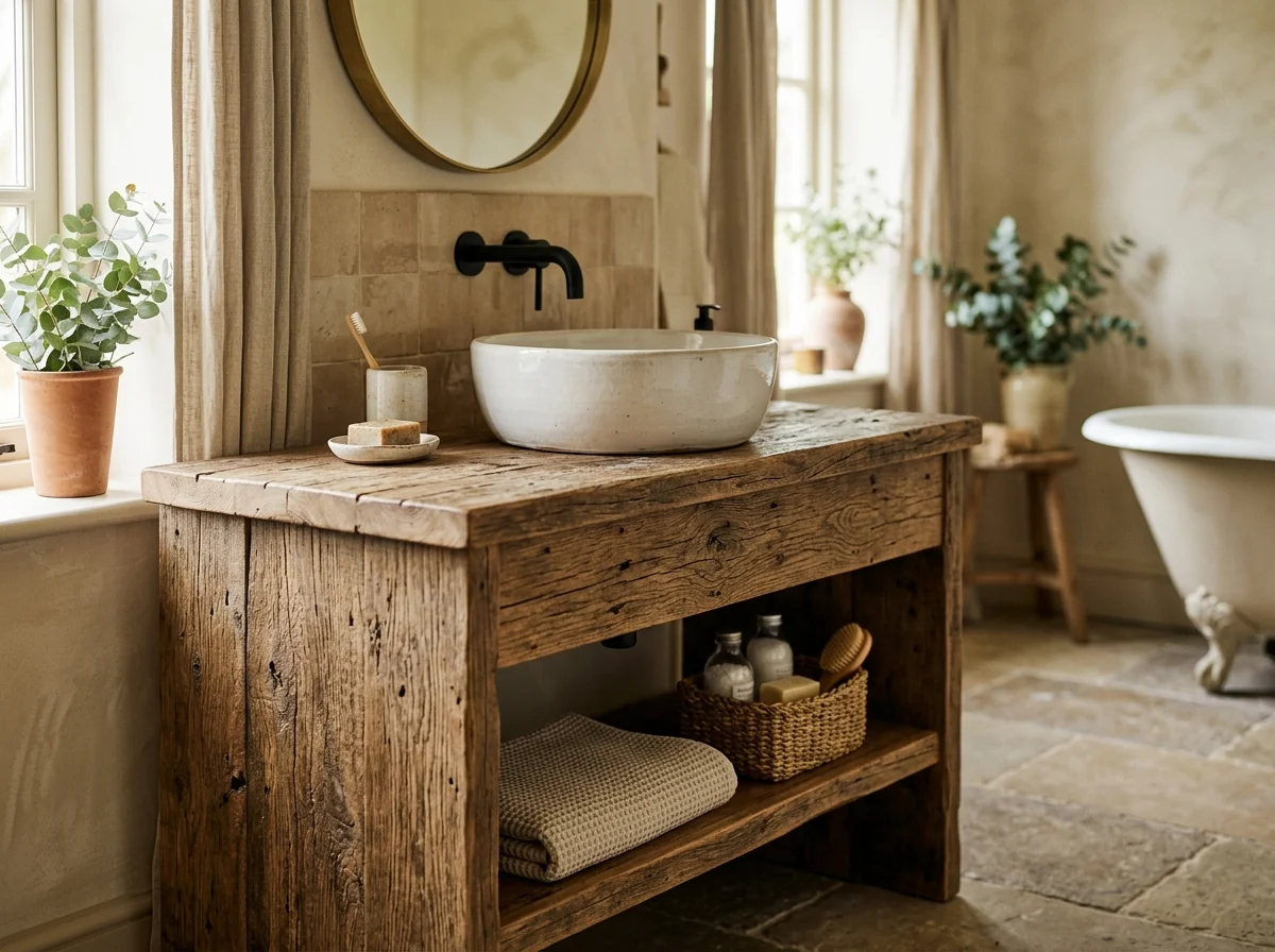 reclaimed wood vanity with vessel sink