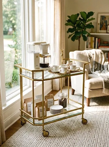repurposed bar cart coffee station