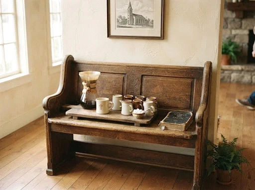 repurposed pew coffee station