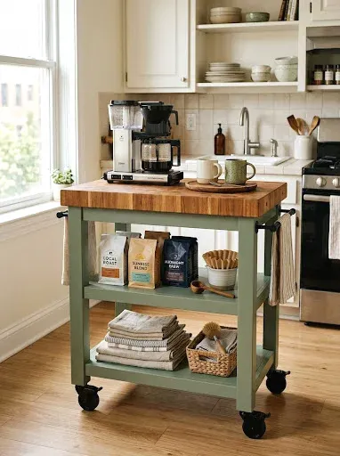 rolling kitchen island as coffee bar