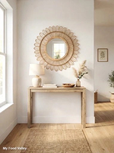 round rattan sunburst mirror above the entry console