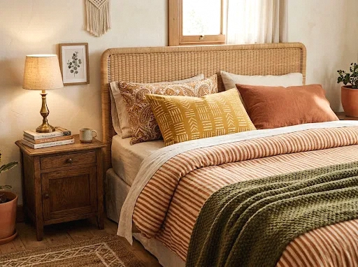 rust and mustard bedding with mixed patterns