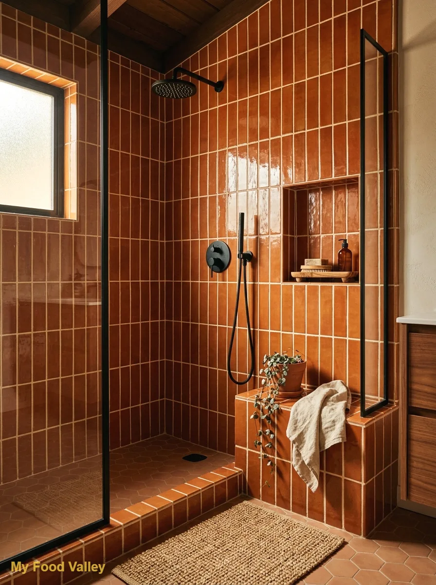 rust orange subway tiles stacked vertically