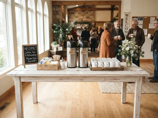 rustic farmhouse welcome table coffee bar