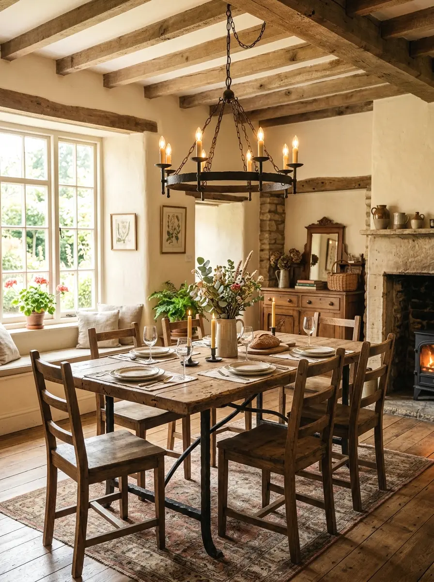 rustic wood table with wrought iron accents