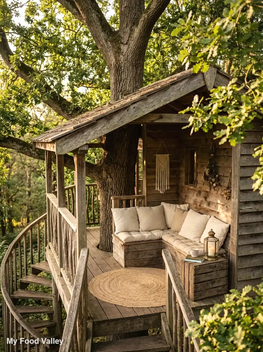 rustic wood treehouse with neutral cushions