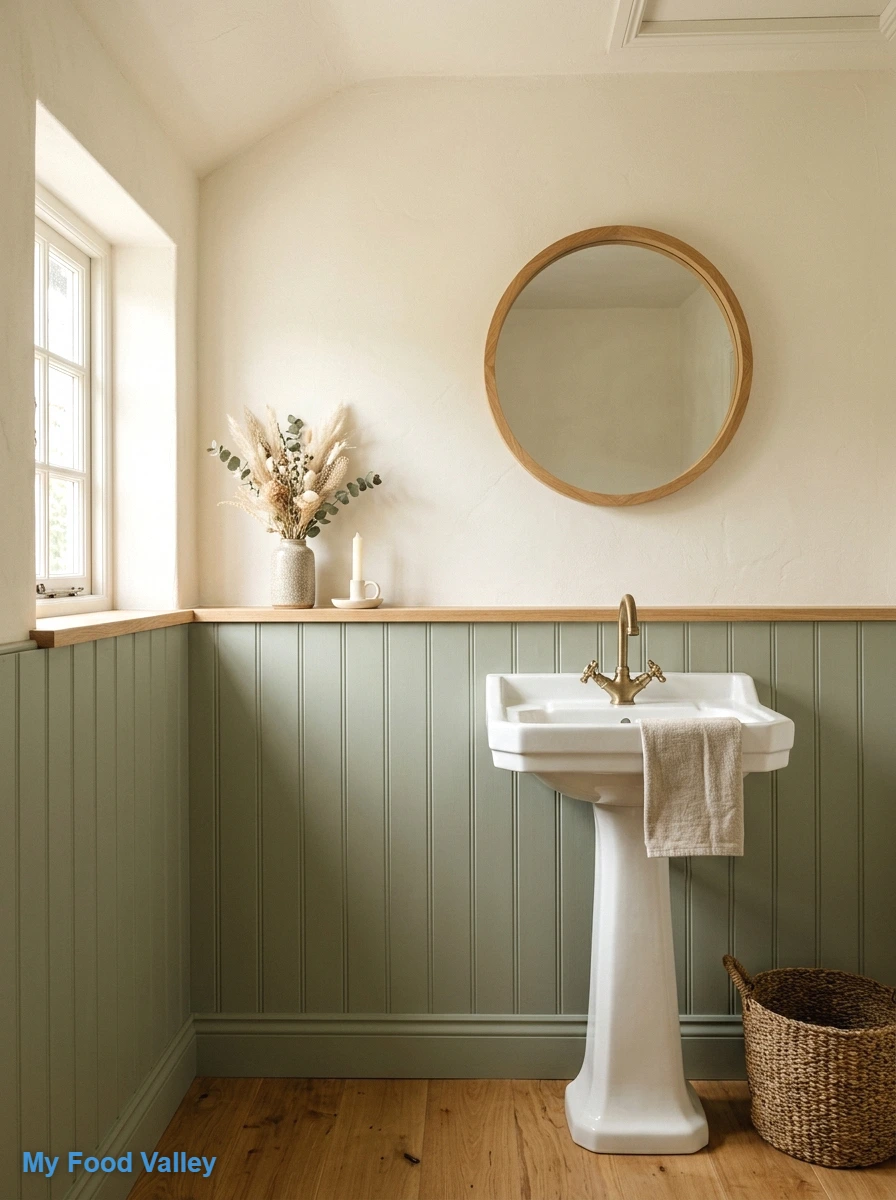 sage green beadboard with a natural wood finish