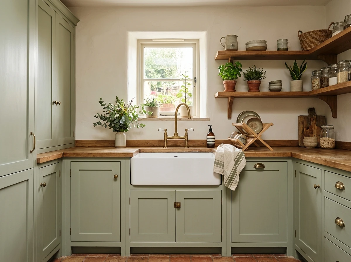 sage green cabinetry paired with the sink