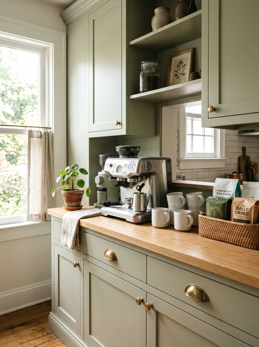 sage green cabinetry with brass hardware