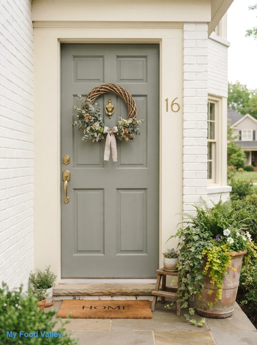 sage green door with brass hardware