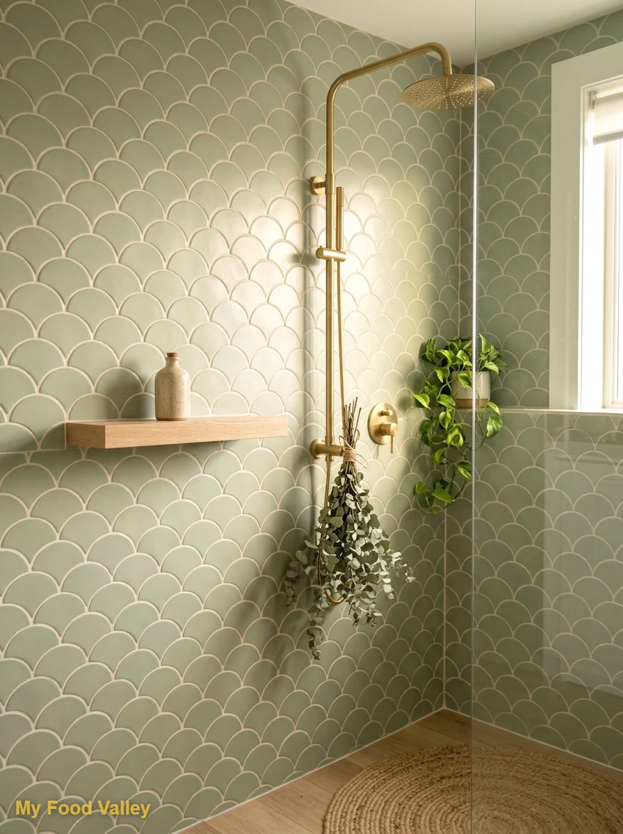 sage green fish scale tiles for soft, playful texture