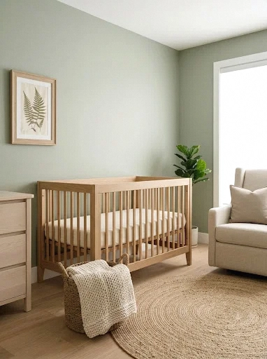 sage green walls with a warm wood crib
