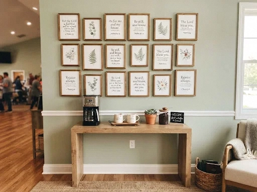 scripture-themed gallery wall coffee bar