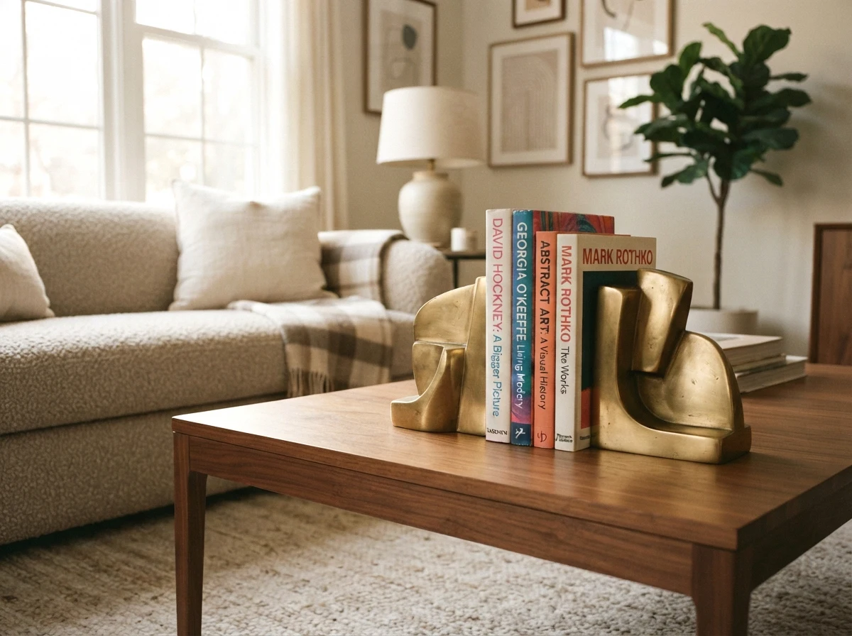 sculptural bookends with a curated book stack