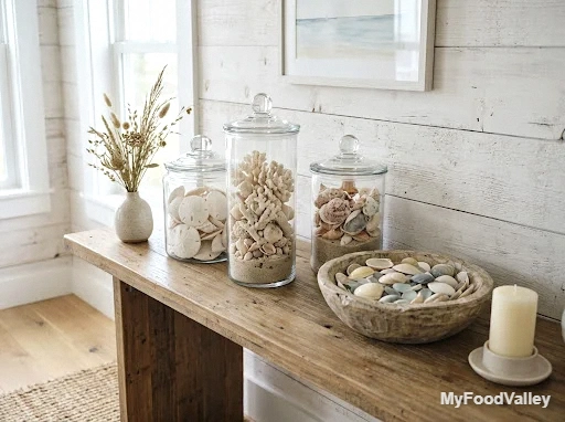 seashell and coral displays in glass jars