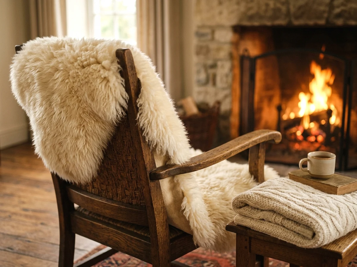 sheepskin rug draped over a nearby chair