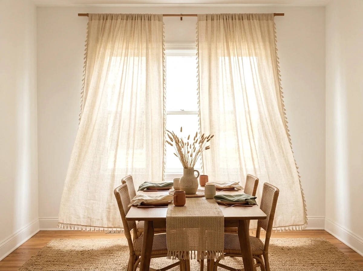 sheer linen curtains with tassel trim