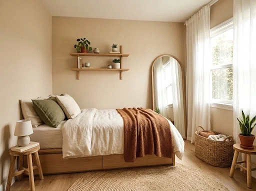 small bedroom in earthy tones with smart layering