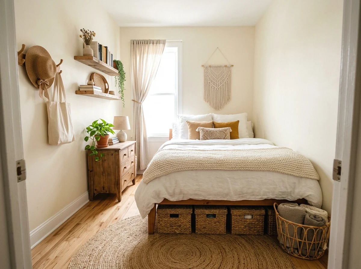 small boho bedroom with smart storage baskets