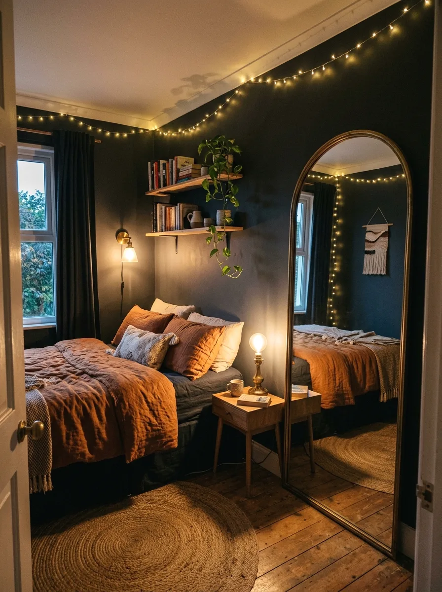 small dark boho bedroom with mirrors and layered lighting