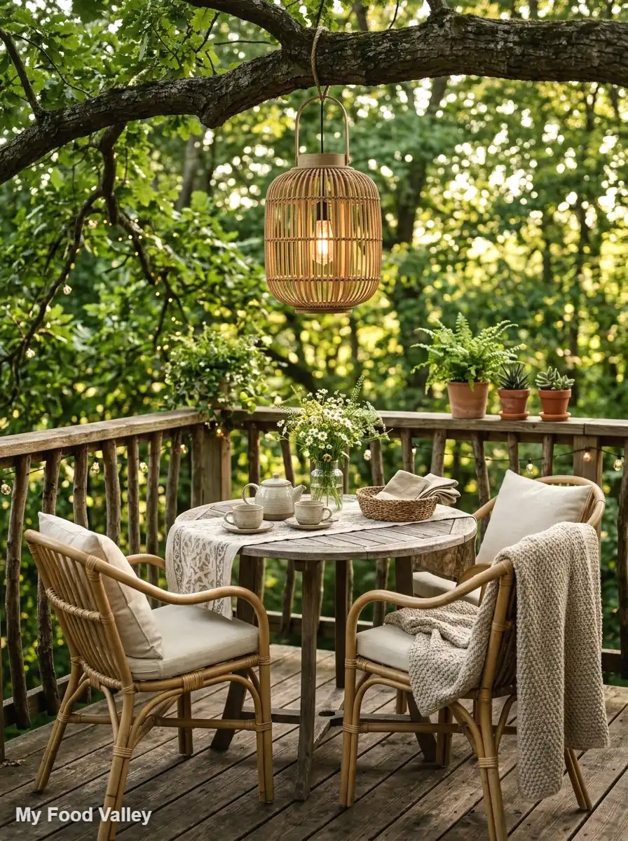 small deck dining with rattan and lanterns
