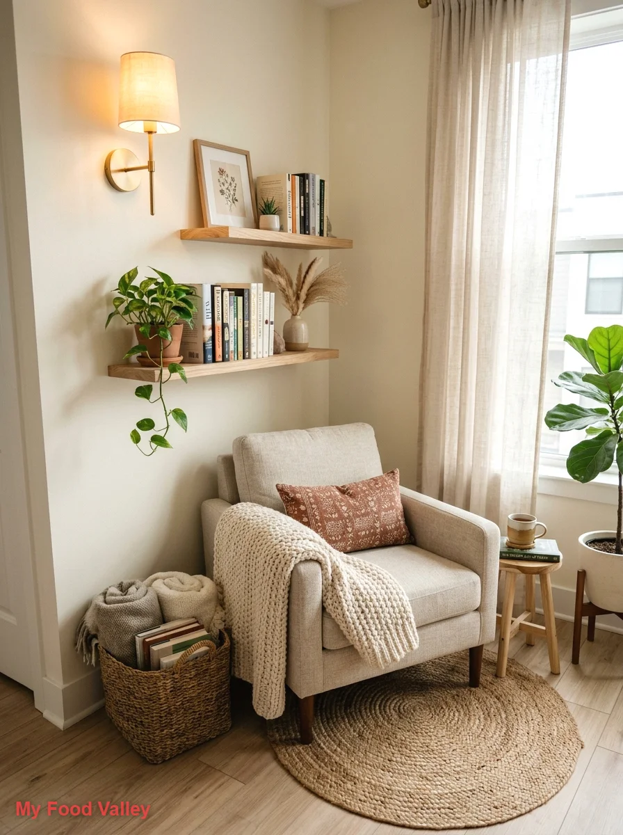 small-space reading nook with wall shelves and baskets