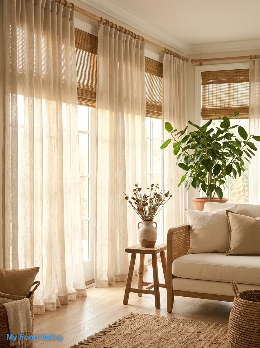 soften sunlight with sheer linen curtains and woven shades