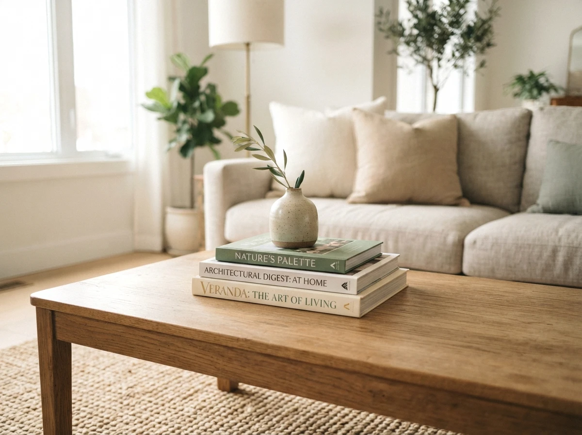 stacked coffee table books with a ceramic vase