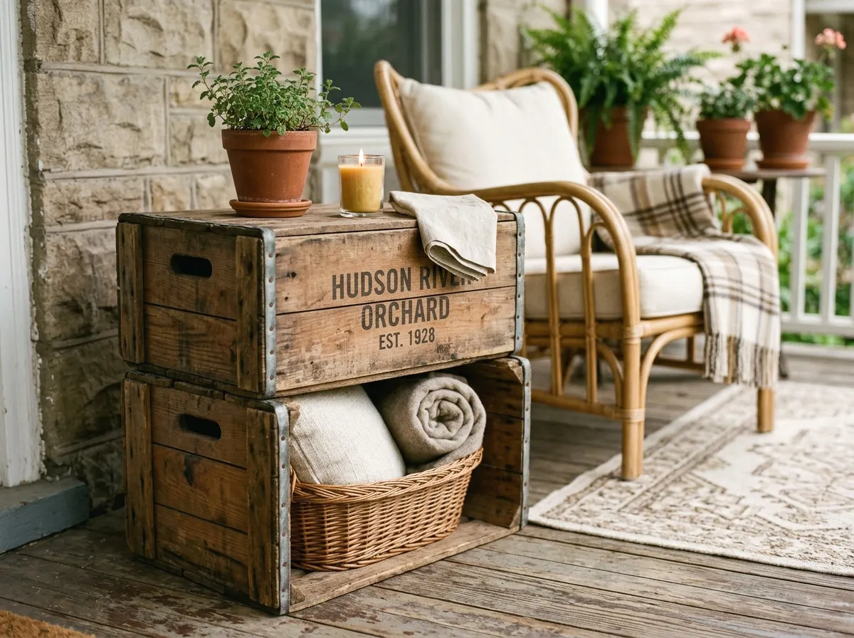 stacked vintage crates as side tables