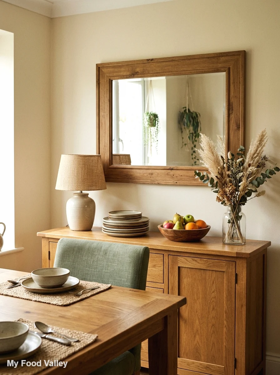 statement mirror above the dining sideboard