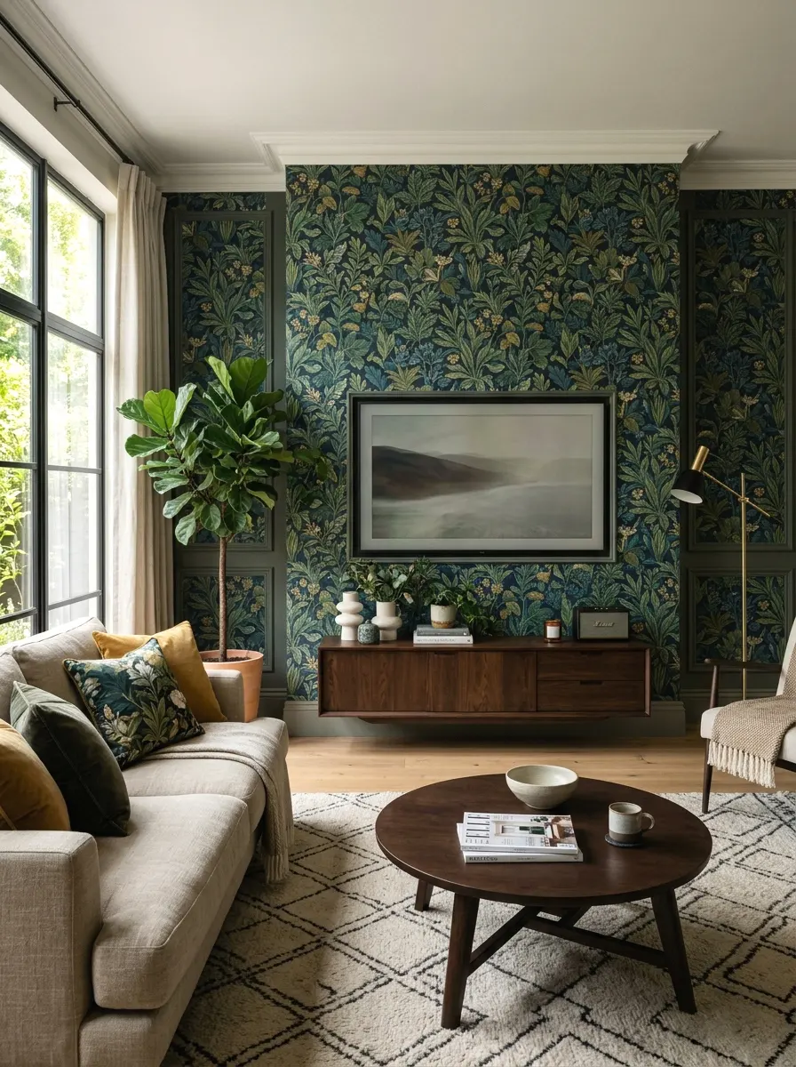 statement wallpaper behind the tv