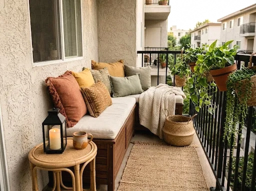 storage bench with boho cushions