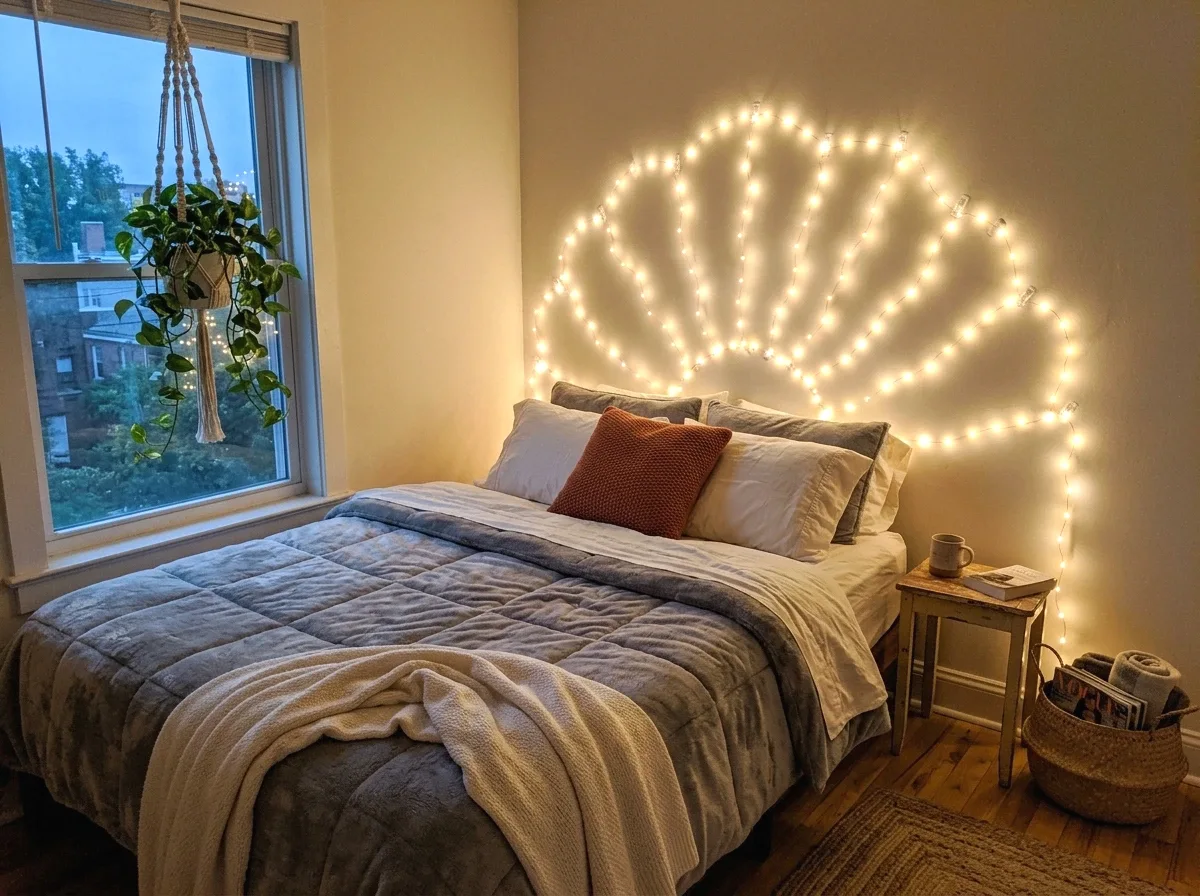 string light canopy headboard