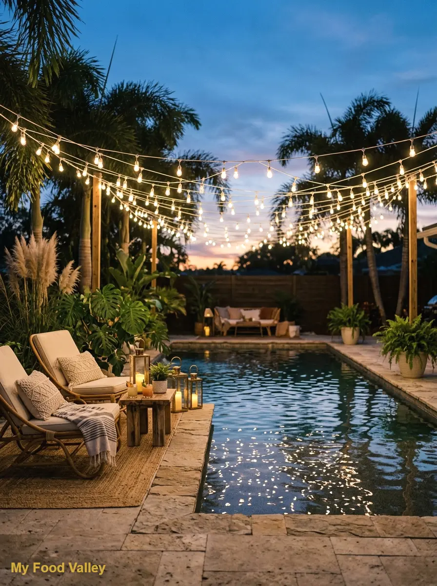string light canopy over the pool