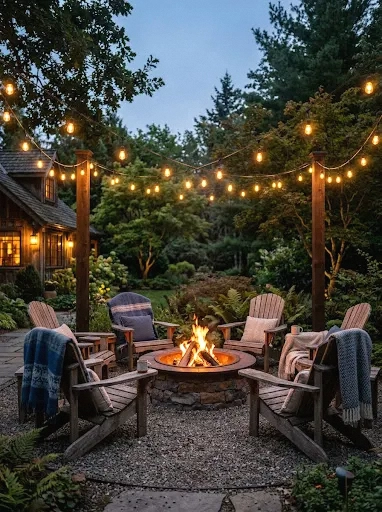 string lights and fire pit combo