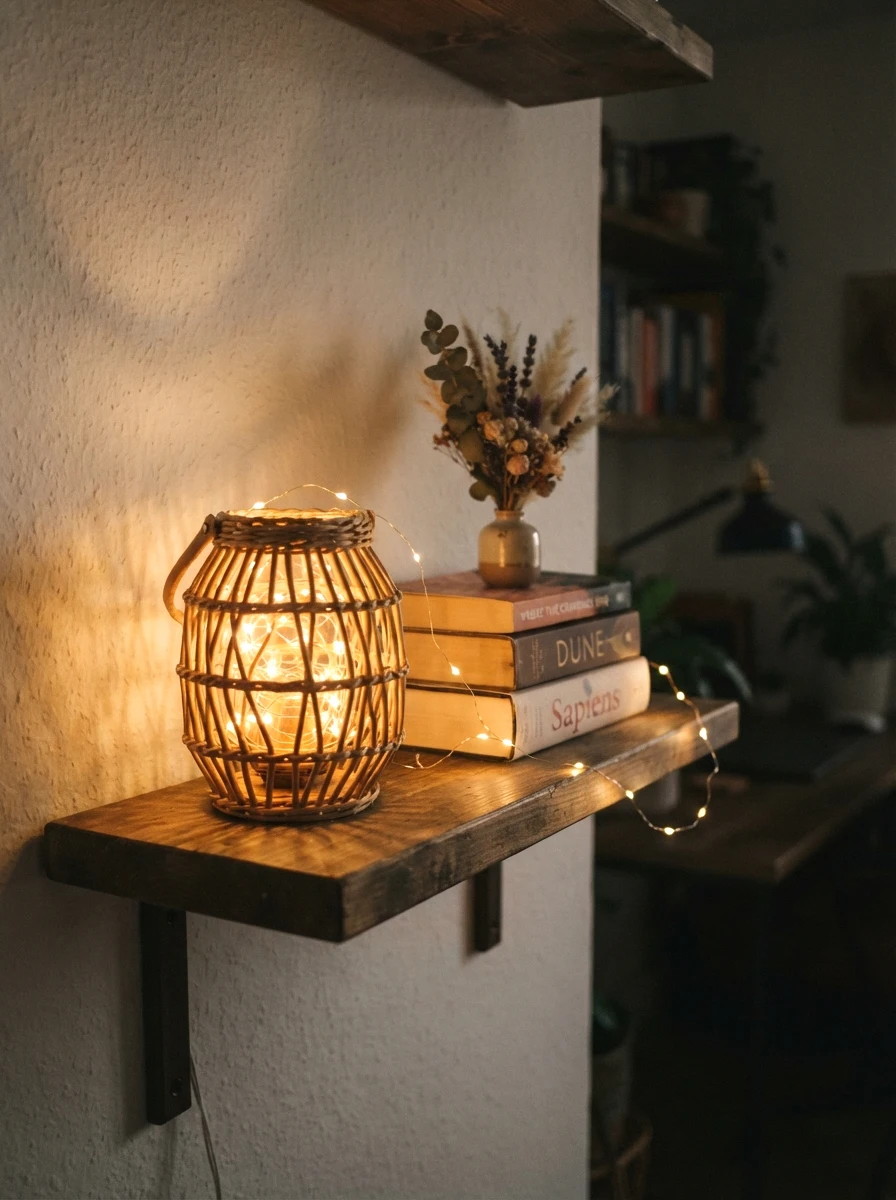 string lights or rattan lantern accent
