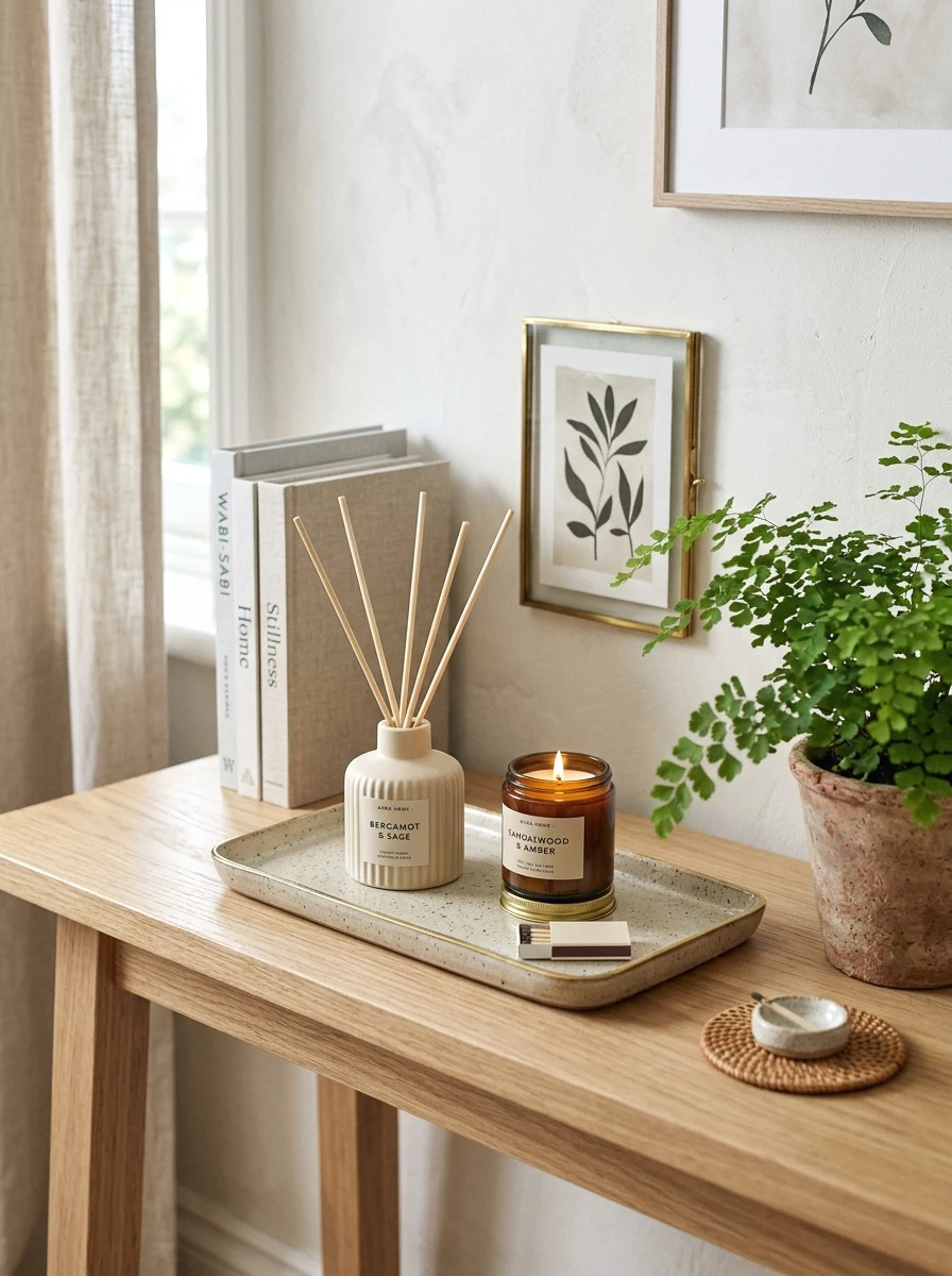 styled diffuser and candle vignette