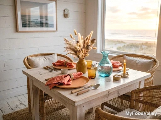 sunset-toned accents in coral, peach, and mustard
