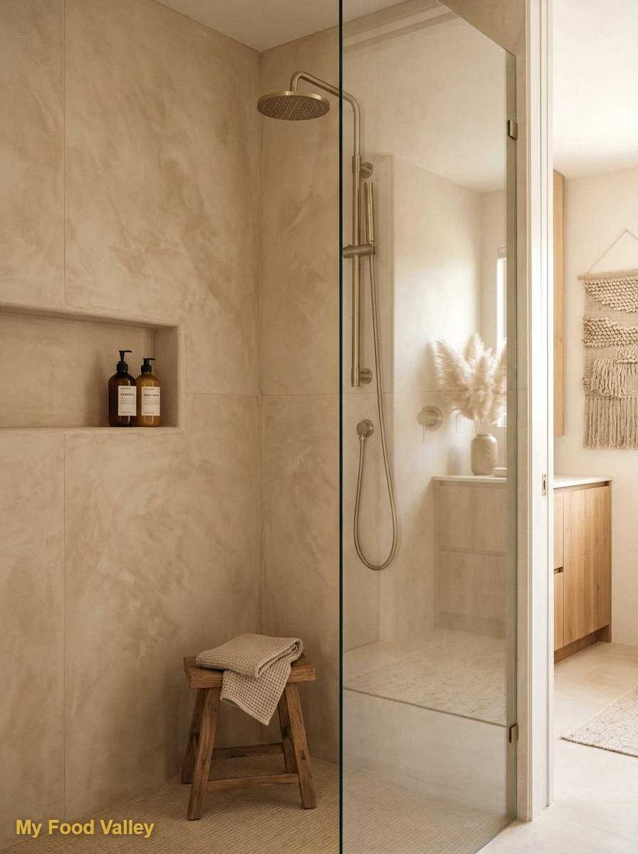tadelakt-look large-format tiles in warm sand